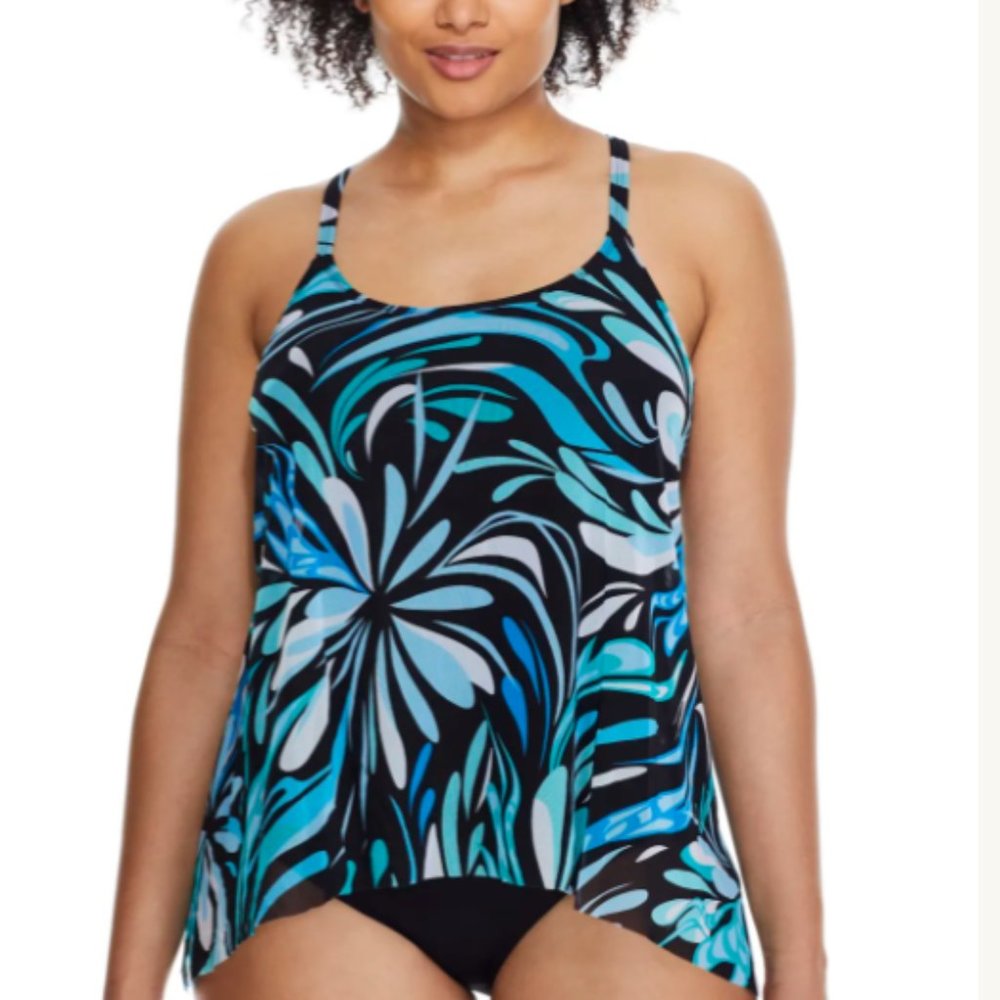 Coco Reef Cassis Swirl Current Mesh Layer Underwire Tankini Top Blue Black 32DD